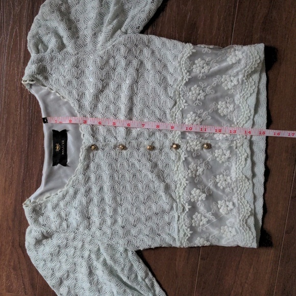 Seafoam Green Blue Regency Style Top Gold Buttons Puff Sleeve - Picture 5 of 8